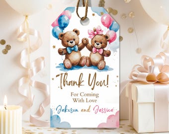 May include: A gift tag featuring a watercolour illustration of two teddy bears holding hands, surrounded by balloons. The tag reads "Thank You!" and includes the names "Jakeson and Jessica". The bears have blue and pink bows.