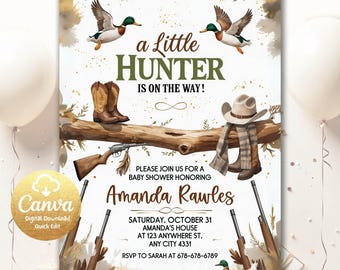 A Little Hunter Clothes Baby Shower Invitation, Mallard Duck Baby Shower Invitation, Editable Duck Hunting Baby Shower Invitation ALH11
