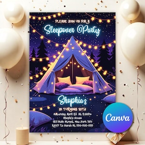 Sleepover Birthday Party Invitation, Editable and Printable Sleepover Invitation Template, Retro Neon Light Slumber Party Pajama Party SO52