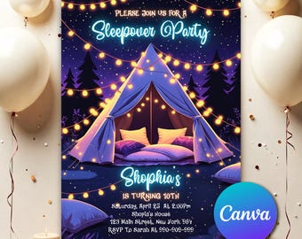 Sleepover Birthday Party Invitation, Editable and Printable Sleepover Invitation Template, Retro Neon Light Slumber Party Pajama Party SO52