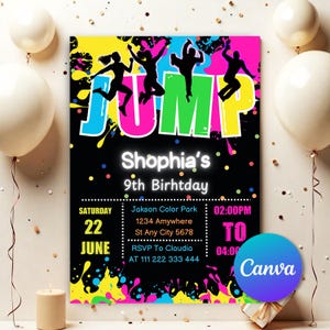 Let&#39;s Jump Party, Jump Birthday Invitation, Jump Invite, Trampoline Party, Bounce House, Tie Dye Jump, Trampoline Park, Editable Canva JB55