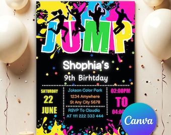 Let's Jump Party, Jump Birthday Invitation, Jump Invite, Trampoline Party, Bounce House, Tie Dye Jump, Trampoline Park, Editable Canva JB55