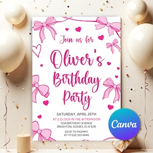 Pink Bow Theme Birthday Invite Pink Bow Birthday Bow Invite Coquette Bow Birthday Girl Birthday Invite Coquette Birthday Invite Cute PBC051