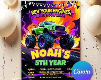 Monster Truck Birthday Party Invitation, Monster Jam Themed Birthday Party Invitation, Editable Invitation For Boys, digital 5x7 invitation