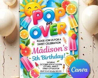 Popsicles Pop on Over Theme Invitation, 4th of July Invite, Summer Birthday Invite Template, Editable Popsicle Birthday Invitation PPP61
