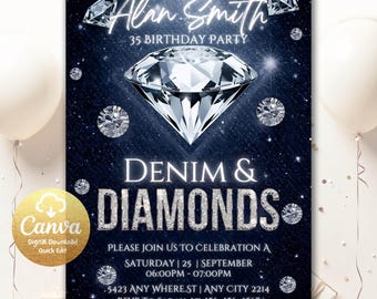 Denim and Diamonds Birthday Invitation: Editable Canva Template (Digital)