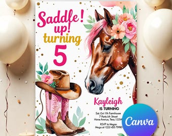 Editable Cowgirl Birthday Invitation Template, Girl Horse Birthday Invitation, Cowgirl Party Horse Invite, Pink Floral Birthday Invite CB43