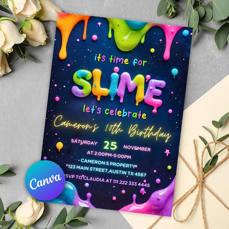 Slime Party Invite,Slime Birthday Party,Slime Party,Slime Invitation,Slime Glitter,Slime Template,Slime Birthday,Slime Invite,Slime purple,Slime pink,Slime For Girl,glow slime,Editable Invitation,