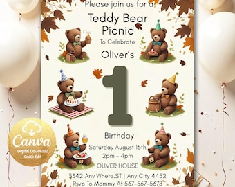 Beary First Boho Birthday Minimalist Printable Template, Teddy Bear Picnic Neutral Invite, Editable Greenery Bear Birthday Invitation BP8061
