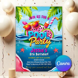 Op de afbeelding: Een levendige zwembadfeestuitnodiging met een watermeloenthema. Het ontwerp toont een zonnebril, een zwembad en de woorden "Pool Party" in grote, kleurrijke letters. De uitnodiging bevat ook evenementdetails en de tekst "Celebrating Jessie's 8th Birthday!"