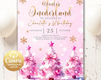 Winter Onederland Invitation, Girl Snowflake First Birthday Pink Silver Winter Wonderland Invites 1st Birthday Template, Editable Canva WOZ1