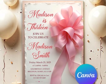 Tween Pink Bow 13th Birthday, Coquette 13th Birthday Invitation, Pink Bow Template, Editable Digital Invite, Trendy Girl Birthday Party TP13