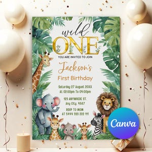 Safari Primo Compleanno Evite, Wild One Birthday, 1° Compleanno Digitale Invite, Jungle Primo Compleanno Evite, Jungle Animals Party Invite SF51