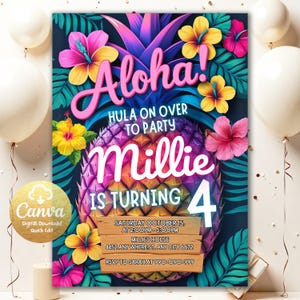 May include: A colorful invitation with a pineapple design, tropical flowers, and the text "Aloha!" and "Millie is turning 4". The invitation includes party details and a Canva logo for digital download.