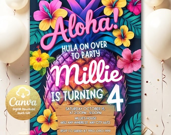 Aloha Luau Birthday Invitation, Pineapple Birthday Invitation, Tropical Hawaiian Party Invite, Editable Aloha Luau Invitation Canva AL772