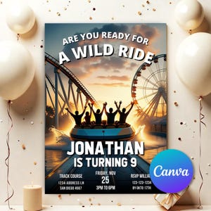 Puede incluir: Una invitación de cumpleaños con un tema de parque de atracciones colorido. La invitación presenta una montaña rusa, una noria y un cielo de puesta de sol. El texto dice "¿Estás listo para un paseo salvaje? Jonathan cumple 9 años. Pista: 1234 Address Ln, San Diego 4567. Viernes, 25 de noviembre, 15:00 a 18:00. RSVP William 123-123-1234 antes del 17 de octubre."