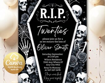 RIP Twenties Invite Death Party Invite, Death to My 20s Invite, Halloween Birthday Invite, Editable Funeral for my Youth Invitation FFM0051