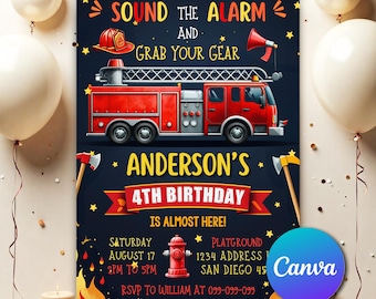 Feuerwehrauto-Geburtstagseinladung, ertönt die Alarmjungen, Feuerwehrauto-Einladung, bearbeitbare Geburtstagsparty-Canva-Vorlage FT0043