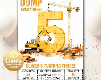 Invito di compleanno per cantieri edili, modello stampabile per invito al quinto compleanno, invito modificabile per festa con camion con cassone ribaltabile, invito per scaricare tutto, Canva