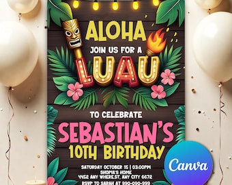 Aloha Luau Party Invitation Hawaiian Invitation Tropical Birthday Invitation Pineapple Invite Editable Aloha Instant Digital Download AL765