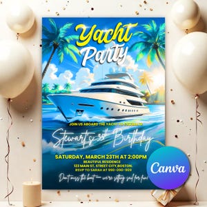 Rock the Yacht uitnodiging, uitnodiging bootfeestje, cruiseroute, zomerbootfeest verjaardagsuitnodiging, bewerkbare uitnodiging jachtfeestje RY0971