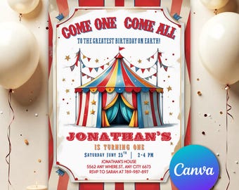 Circus Birthday Party Invitation, Circus Party Invitation, Carnival Invitation, Editable in Carnival Birthday Party Invitation Canva CC0551