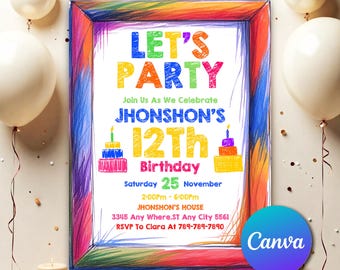 Simple Colorful Birthday Party Invitation, Colourful For Kids Birthday Template, Editable Simple Colored Birthday Invitation Template SC703