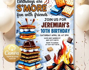 Bonfire Birthday Invite Smore Fun to be One Backyard Camping Party Fall Camp Outdoor Campfire Editable S'mores Birthday Invitation  S000371