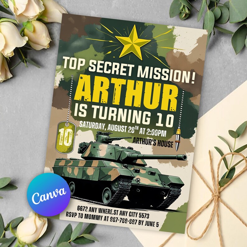 Army Birthday Invitation, Military Party Invitations, Soldier Birthday ...