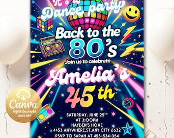 80s Party Invitation, Throwback Party, House Party, Back to the 80s Invite, Birthday Invitation, 80s Theme Invite, Editable Canva BT0086