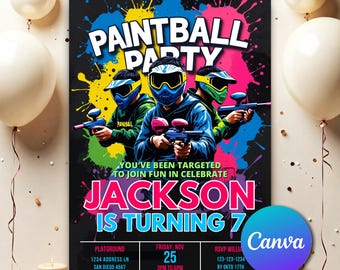 Invitación de cumpleaños de paintball, invitación temática de paintball, plantilla editable para fiesta de cumpleaños de paintball, imprimible en Canva PB0991
