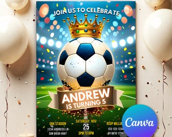 Plantilla de invitación para fiesta de cumpleaños de fútbol, invitaciones imprimibles con temática de fútbol, invitación digital para fiesta infantil, invitación editable SC0051