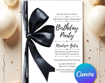 Invito di compleanno con fiocco nero, invito di compleanno minimalista con fiocco nero, invito modificabile con fiocco nero Coquette, tema Coquette con nastro nero BB042