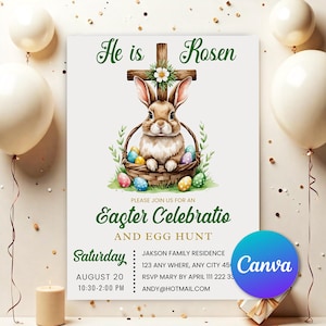 May include: An Easter invitation with a green cross and a brown bunny holding colorful Easter eggs in a basket. The text reads "He is Rosen, Please join us for an Easter Celebration and Egg Hunt, Saturday, August 20, 10:30-2:00 PM, Jakson Family Residence, 123 Any Where, Any City 45, RSVP Mary by April 111 222 33, Andy@hotmail.com".