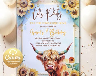 Let's Party Till the Cows Come Home Invite, Sunflower Highland Cow Birthday Invite, Editable Sunflower Holy Cow Birthday Invitation SHC01