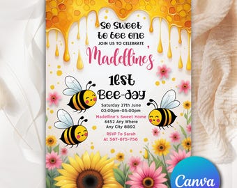 Bee First Birthday Invitation, Sweet To Bee One Birthday Invitation, Cute Bee Invite, Editable Bee Day Party Invite Instant Download BE331