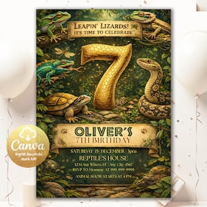 Op de afbeelding: Een digitale uitnodiging voor een reptiel-thema 7e verjaardagsfeest. Het ontwerp bevat illustraties van hagedissen, een slang en een schildpad, met de tekst "Leapin' Lizards! It's Time to Celebrate" en "Oliver's 7th Birthday".
