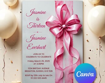 Tween Pink Bow 13th Birthday, Coquette 13th Birthday Invitation, Trendy Girl Birthday Party, Pink Bow Template Editable Digital Invite TP13