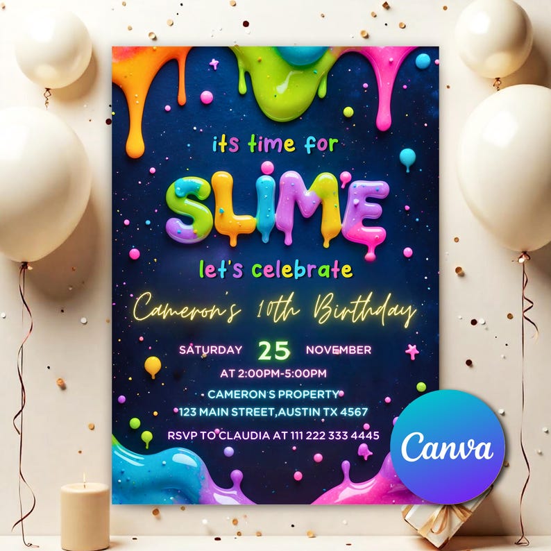 Slime Party Invite,Slime Birthday Party,Slime Party,Slime Invitation,Slime Glitter,Slime Template,Slime Birthday,Slime Invite,Slime purple,Slime pink,Slime For Girl,glow slime,Editable Invitation,