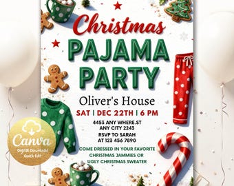 Christmas Pajama Party Invitation, Pajama Invitation, Christmas Party Invitation, Holiday Pajama Party Invitation, Editable Canva CPZ2