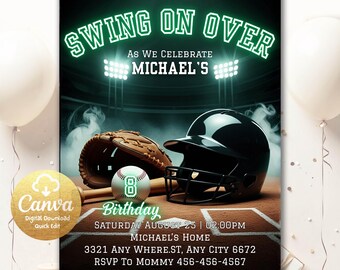 May include: Baseball-themed birthday invitation with the text "SWING ON OVER" in green neon. The invitation features a baseball, glove, helmet, and baseball bat on a baseball field. The invitation includes the date, time, and location.
