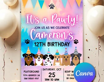 Lets Pawty Invitation, Puppy Party Invite, Animal Birthday, Pet Party, Editable Pink Girl Dog Birthday Invitation, Instant Download DB054