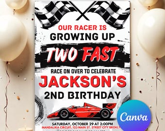 TWO Fast Birthday Invitation 2nd Birthday Invitation Retro Race Car Birthday Vintage Race Car Birthday  Editable Digital Invitation TF761