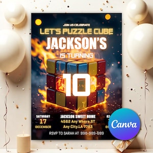 May include: A birthday party invitation featuring a vibrant puzzle cube design. The invitation text reads "Let's Puzzle Cube Jackson's is Turning 10." The design includes the date, time, location, and RSVP details. The background is dark with flame effects.
