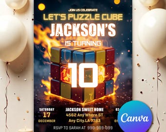 Invitación de Cubo de Rubik, Invitación para fiesta de Cubo de Rubik, Invitación de Cubo de Rubik, Invitación de cumpleaños editable de Cubo de Rubik (Plantilla PC331)