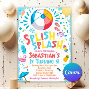 Splish Splash Birthday Party Invitation Girly Splash Pad Water Slide Paddling Pool Summer Party, Editable Pool Party Birthday Invite  SS503
