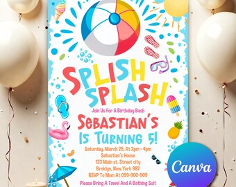 Splish Splash Birthday Party Invitation Girly Splash Pad Water Slide Paddling Pool Summer Party, Editable Pool Party Birthday Invite  SS503