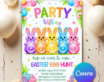 Editable Easter Egg Hunt Invitation Party With My Peeps Hop On Over Spring Easter Bunny Printable Invite Template Instant Digital Download 1