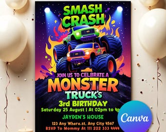 Monster Truck Birthday Invitation, Monster Truck Birthday Invitation Template For Boys, Smash Crash, Monster Truck Theme Party Invite MT23