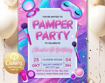 Puede incluir: Una invitación de descarga digital para una Pamper Party, con un diseño colorido con brochas de maquillaje, antifaces y polveras. La invitación incluye el texto "Pamper Party" y los detalles del cumpleaños de Claudia.